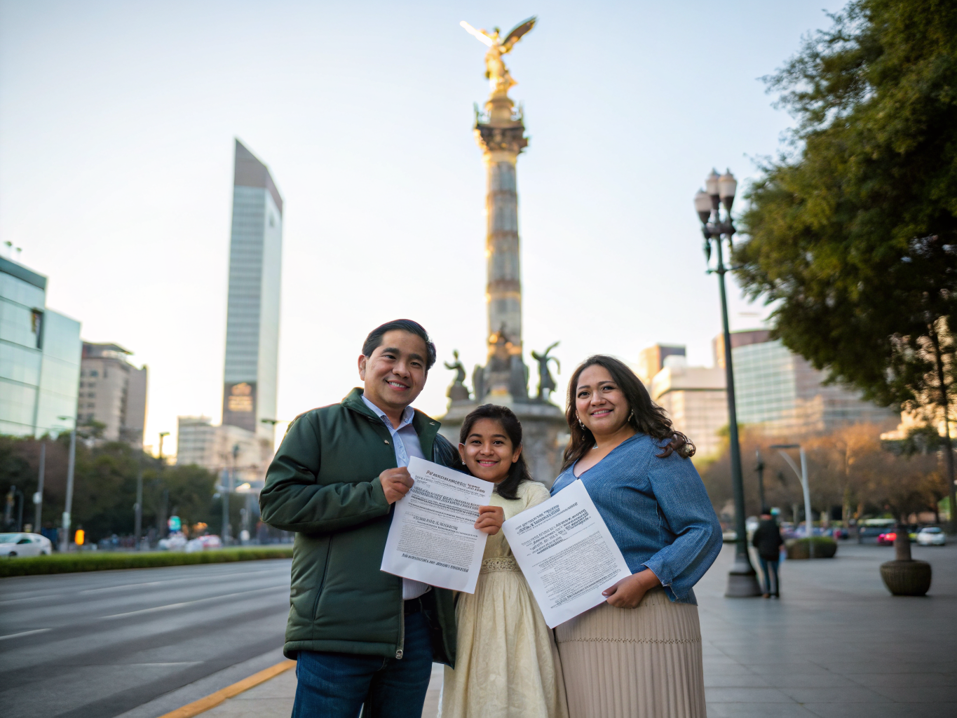 Mexicanos en el extranjero resolviendo documentos mexicanos con confianza y el Ángel de la Independencia al fondo
